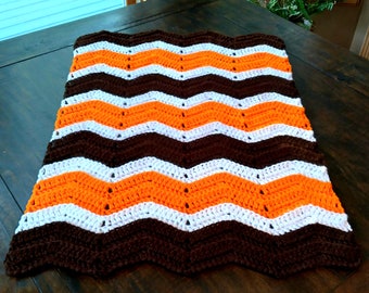 Handmade Crochet Brown, Orange and White Baby Blanket