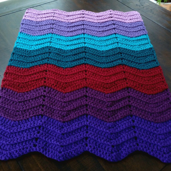 Handmade Crochet Deep Purple, Orchids, Boysenberry, Teal, Turqoise and Lavender Rainbow-Style Baby   Blanket in Rich Jewel Tones