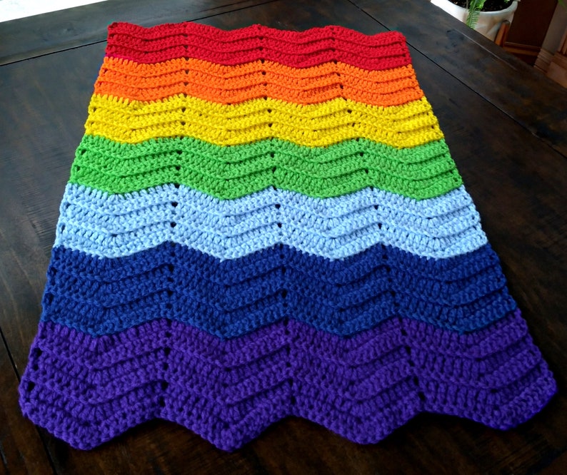 Handmade Crochet Red, Orange, Yellow, Lime Green, Baby Blue, Royal Blue and Purple Rainbow Baby Blanket image 1