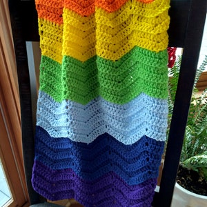 Handmade Crochet Red, Orange, Yellow, Lime Green, Baby Blue, Royal Blue and Purple Rainbow Baby Blanket image 2