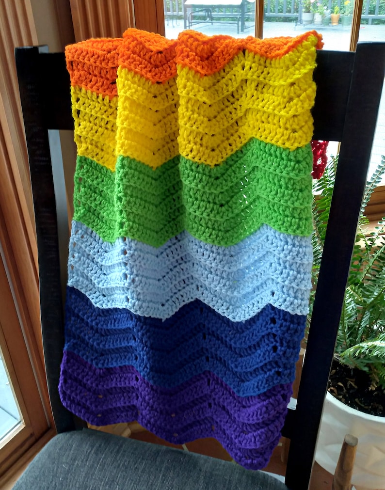 Handmade Crochet Red, Orange, Yellow, Lime Green, Baby Blue, Royal Blue and Purple Rainbow Baby Blanket image 2