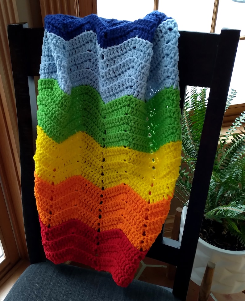 Handmade Crochet Red, Orange, Yellow, Lime Green, Baby Blue, Royal Blue and Purple Rainbow Baby Blanket image 3