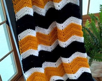 Handmade Crochet Black, Yellow Gold and White Bumble Bee Themed Baby Blanket