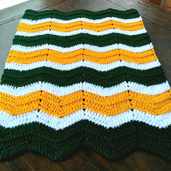 Handmade Crochet Yellow Gold, Deep Green and White Baby Blanket