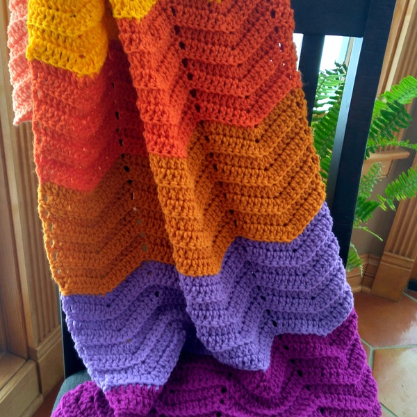 Handmade Crochet Sunset Ombre Baby Blanket in 7 Shades: Coral, Butter Yellow, Saffron, Carrot, Curry, Amethyst and Dark Raspberry