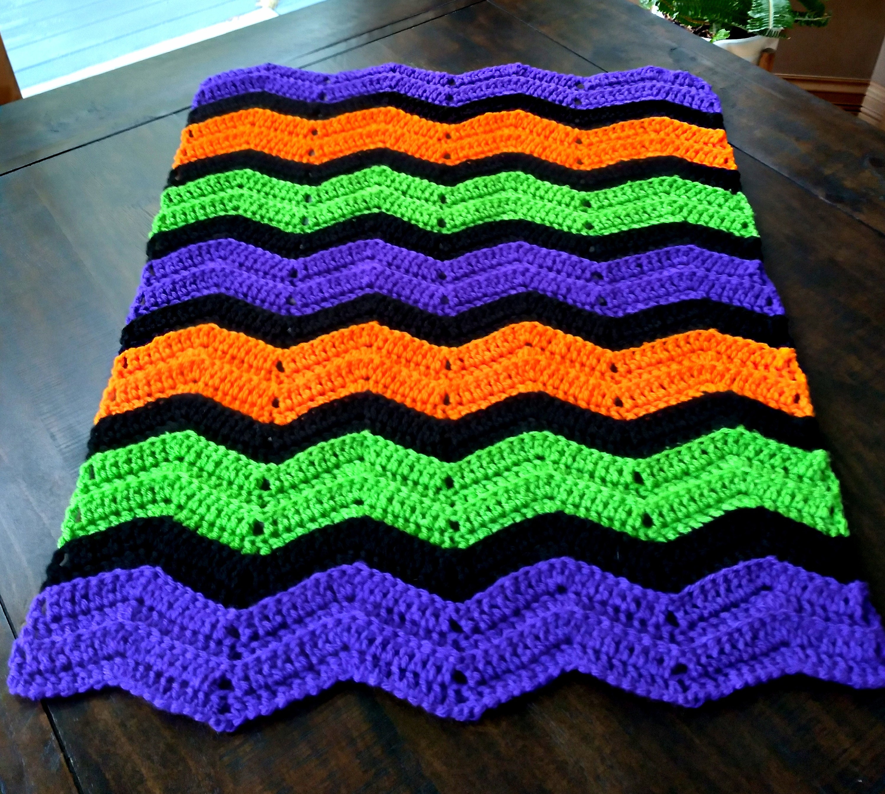 Handmade Crochet Purple, Lime Green, Orange and Black Halloween Baby Blanket