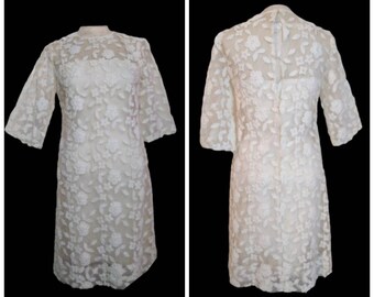 Vintage 50s/60s Hand Embroidered Overlay Lace Shift Dress Wedding Dress Special Ocassion Bridal Lace Dress Evening Dress