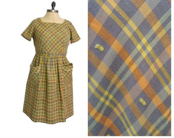 Vintage Plus Size 1950s Slate Plaid Day Dress Rockabilly Pinup Mid-century Dress Size 18 1/2