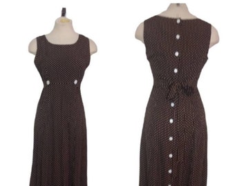 1980s Brown Rayon Polka Dot Maxi Tie Back Empire Dress by Lois Snyder Dani Max Petite Size 6