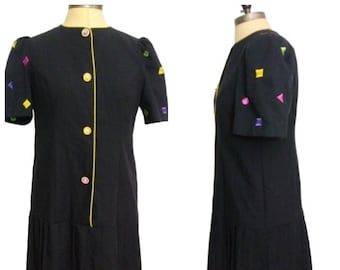 Vintage 1980s Black Plus Size Puffed Shoulder Pleated Dress with Rainbow Embroidered Sleeves by CHEL'SEA L'TD