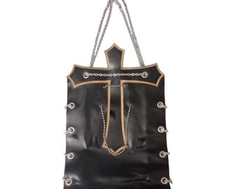 Vintage Unisex 90s Oversized Black Patent Leather Tote with Cross Goth Punk Rock and Rock N Roll Bag