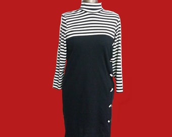 Vintage 1980s Nautical  Striped Mockneck Dress by Stefan Fashions Rockabilly Pinup  Clothing Size 14 Petite Rockabilly Dress