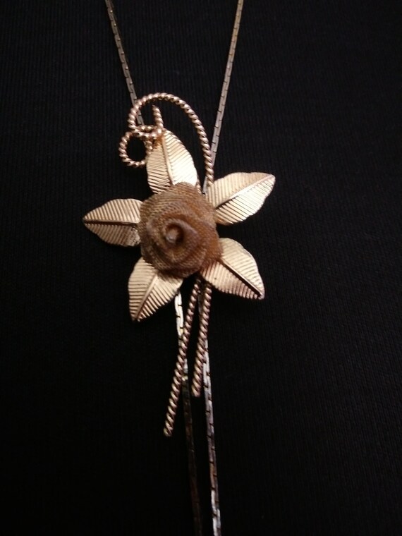 1970s Mesh Gold Tone Rose Bolo Tie 