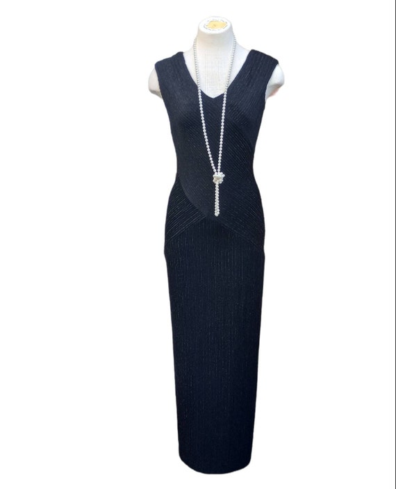 Vintage 1990s Black Stretch V-neck Formal Dress b… - image 3