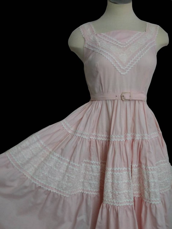 Vintage 1950s Pink Dress Full Skirt Cotton Dress … - image 2