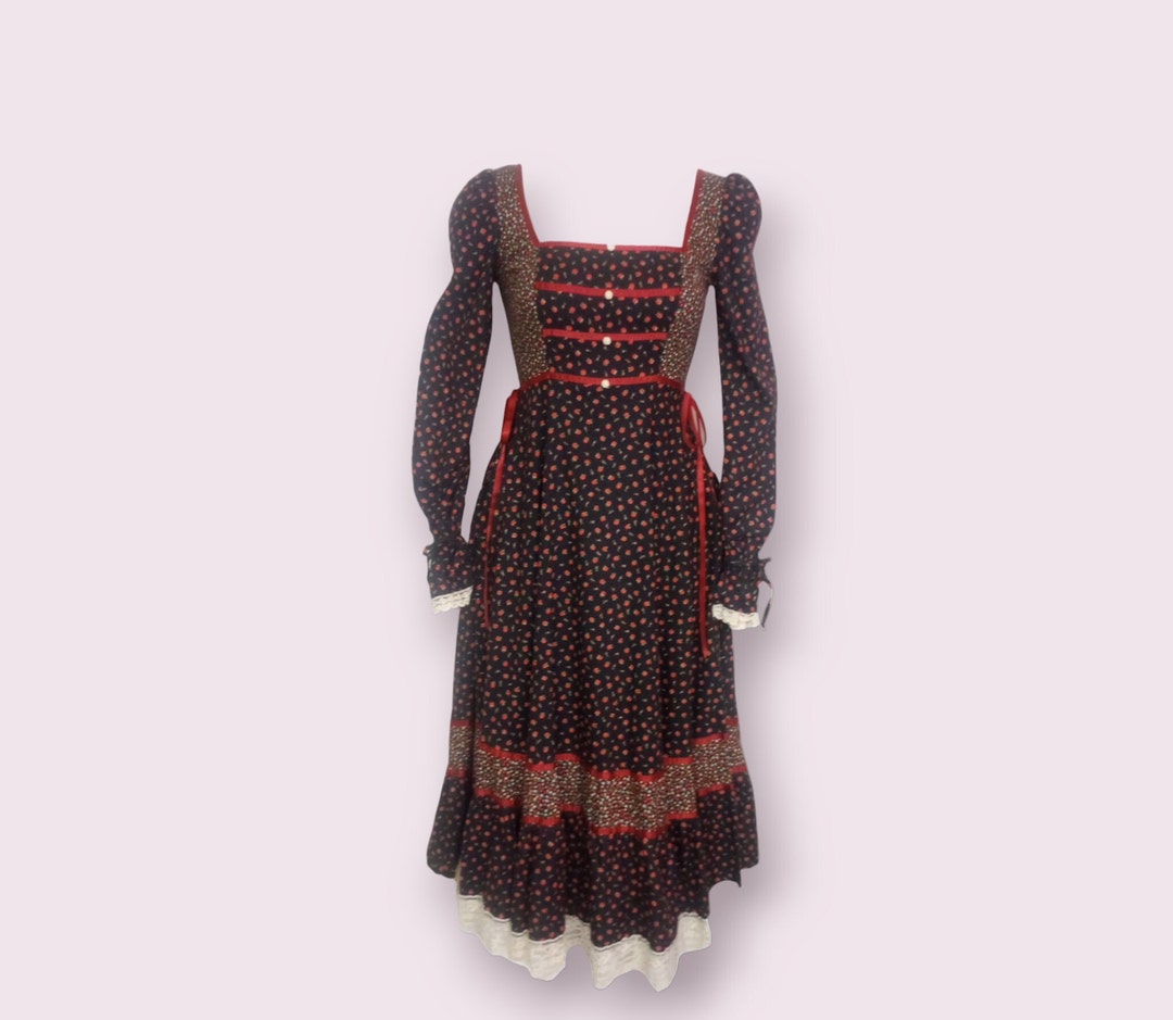 RARE Vintage 1970s Gunne Sax Dress, Black Calico Floral Print Dress ...