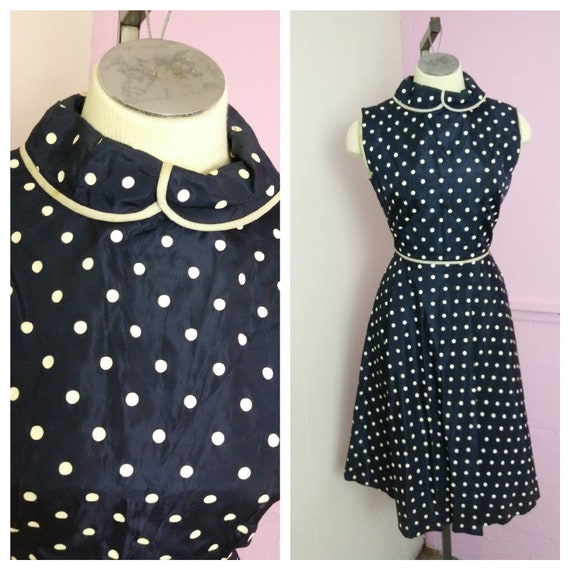 Vintage 1950s Navy and White Polka Dot Pinup Dress