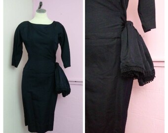 1940s Cocktail Dress | Black Dress with Side Sash | Rockabilly Pinup Dress