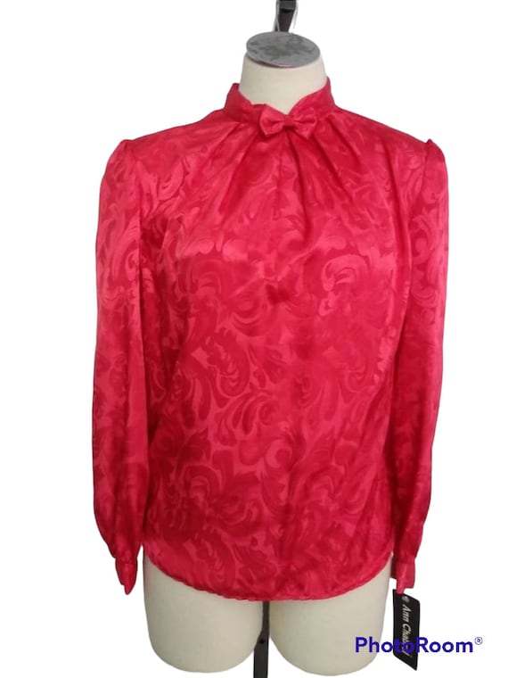 Vintage 1980s Red Floral Print Puffed Sleeve Secr… - image 2