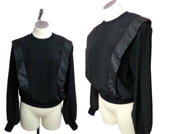 Vintage 80s Erena by Irene Koeuig Black Genuine Leather Trim Blouse Punk Rock and Roll Goth Top