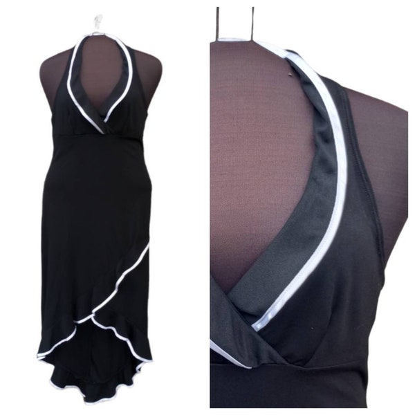 Vintage 80s Black with White Trim Spanish Style Halter Salsa Dancer, Party Dress