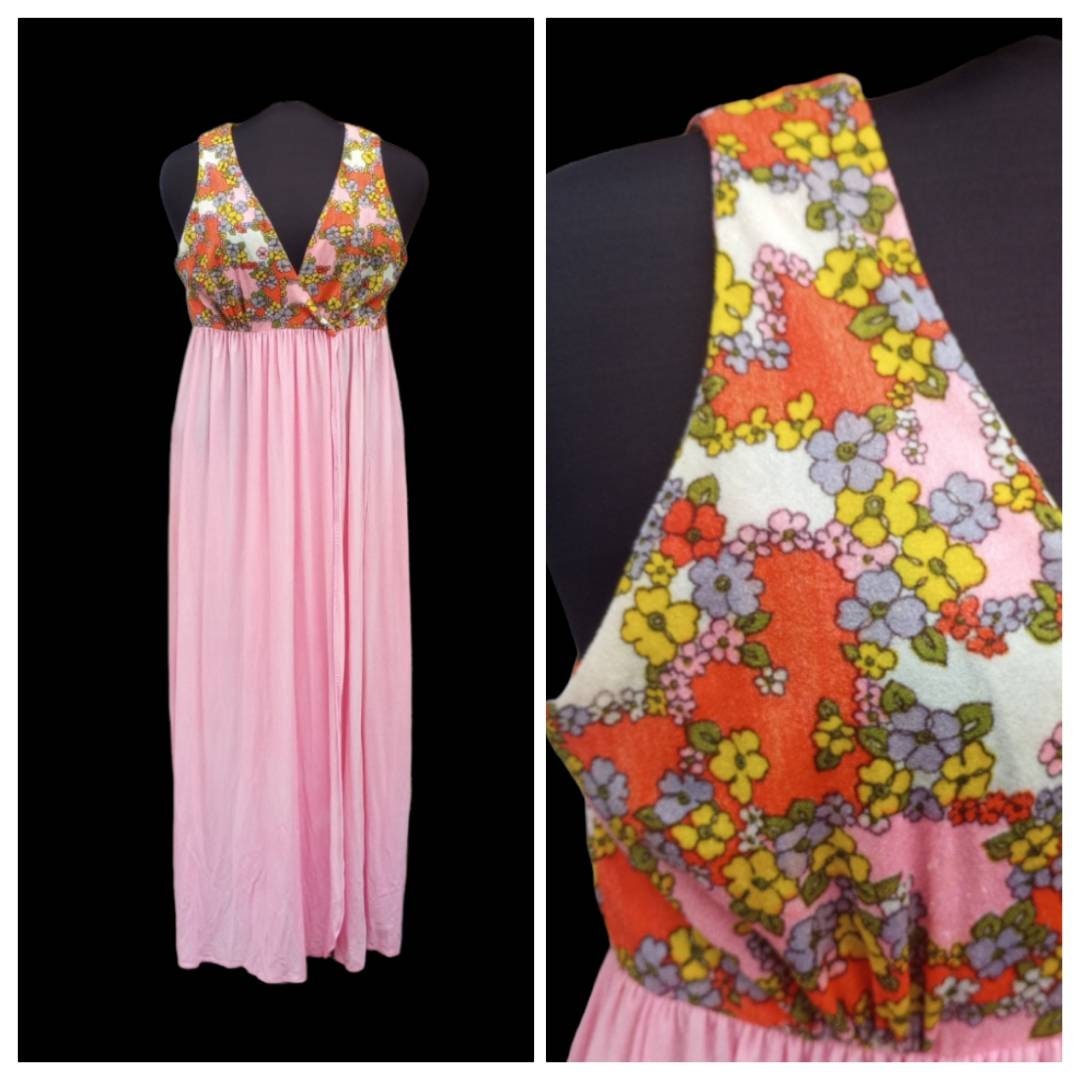 Vintage 1970s Floral Pink Empire Waist Terry Cloth Wrap Dress 70s Boho