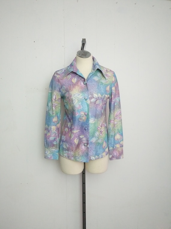 1970s Metallic Psychedelic Floral Print Shirt Boho