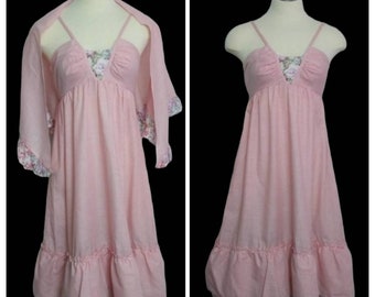 Vintage 70s Matching Set, Pink Two Piece Dress and Shawl, Boho Hippie Sundress