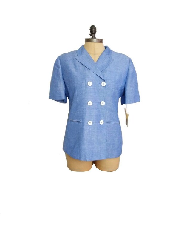 1980s Sky Blue Harvey Bernard Linen Blend Short S… - image 1