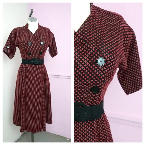 Vintage 1940s Dress, Black and Orange Pinup Rockab