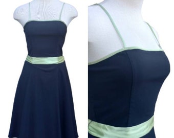 Vintage B. DARLIN Black Fit & Flare Retro Dress with Lime Green Trim Bow Rockabilly Pinup Clothing Size 9/10
