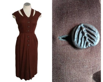 Vintage 1950s Chocolate Brown Linen Shift Dress with Cutouts by B. H. Wragge Minimalist Rockabilly Pinup Dress