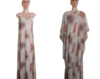 Vintage 70s Kaftan Maxi Dress, Two Piece Earth Tone Brush Stroke Print, Matching Set