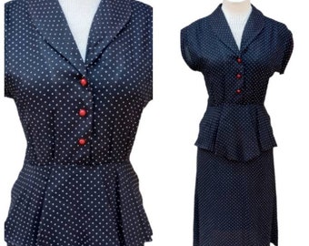 80S Peplum Polka Dot Dress by Young Edwardian Rockabilly Pinup Clothing