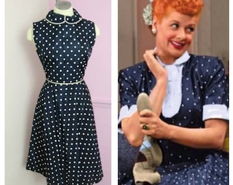 Vintage 1950s Navy Polka Dot Pinup Lucy Dress Rockabilly Pinup Girl