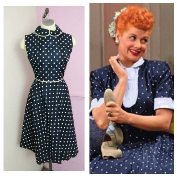 Vintage 1950s Navy Polka Dot Pinup Lucy Dress Roc… - image 1