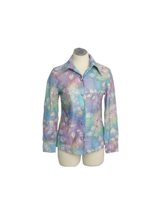 1970s Metallic Psychedelic Floral Print Shirt Boho