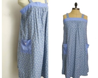 Vintage 70s Periwinkle Blue Floral Apron Cottagecore Bohemian Romantic Summer Dress Medium/Large