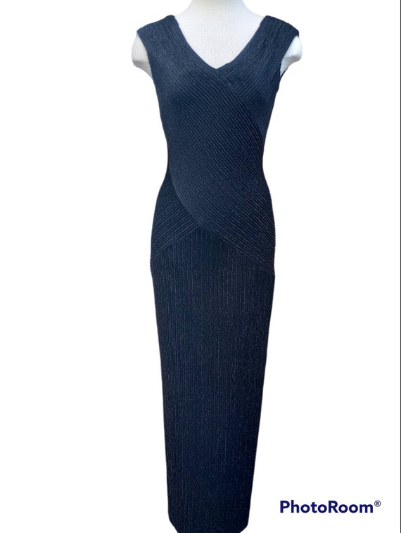 Vintage 1990s Black Stretch V-neck Formal Dress b… - image 5