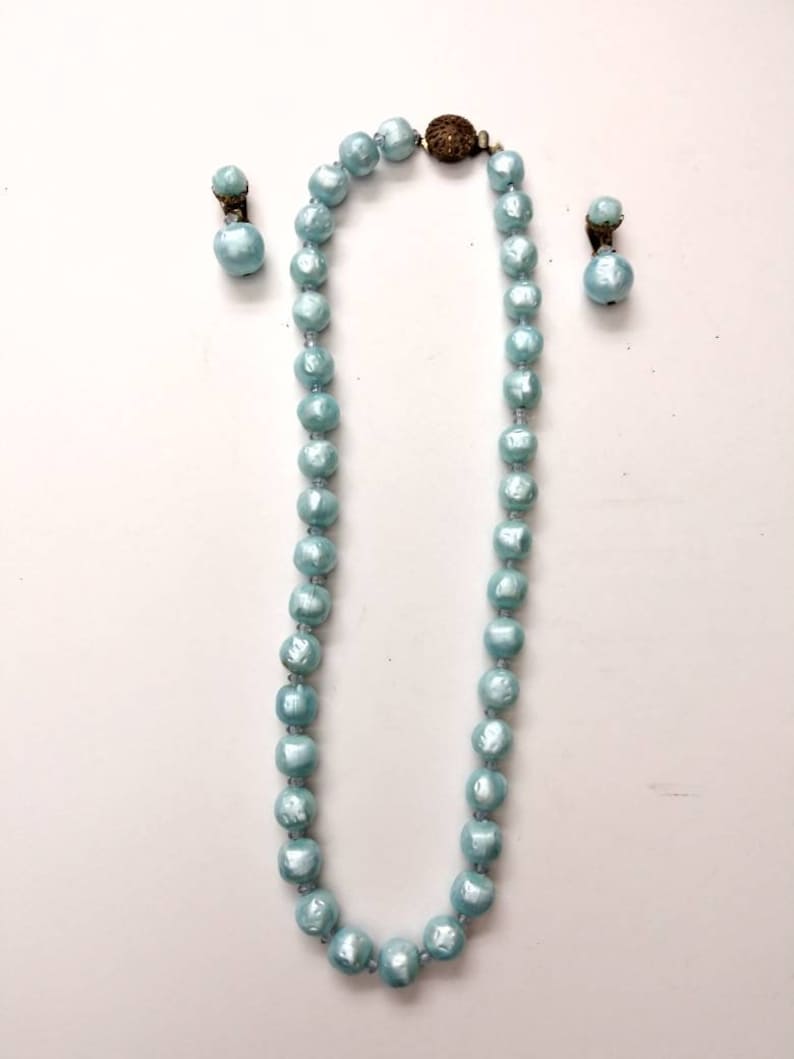Mad Men Costume Jewelry 60s Baby Blue Faux Pearls Necklace and Earring Set| Mod Jewely Set Pretend Pearls