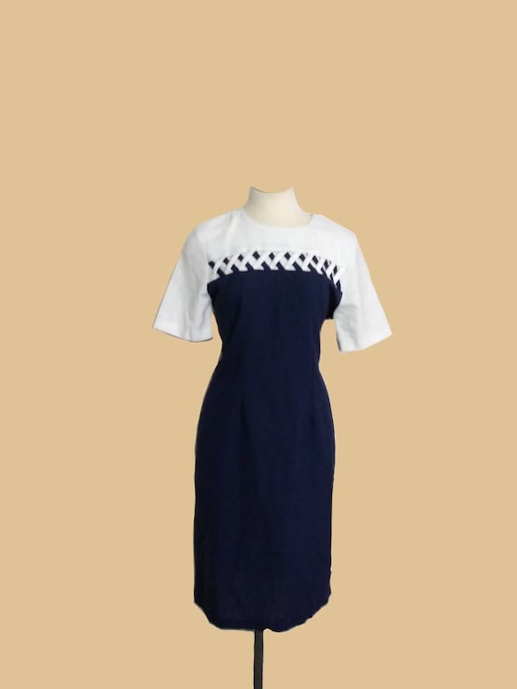 1980s Vintage SHELLY MICHAELS Lattice Navy and Whi