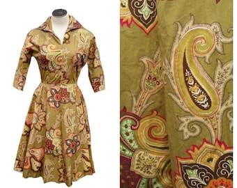 AS-IS/Vintage 1950s Floral Paisley Print Shirtwaist Day Dress Fit and Flare Rockabilly Pinup Dress