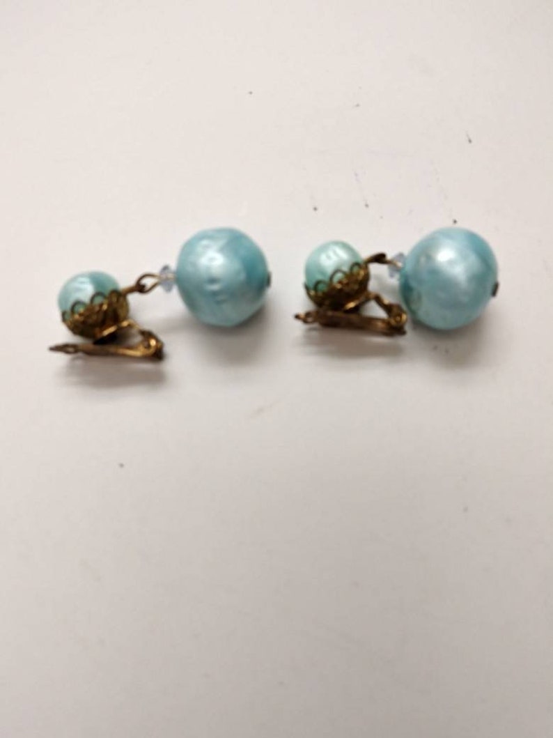 Mad Men Costume Jewelry 60s Baby Blue Faux Pearls Necklace and Earring Set| Mod Jewely Set Pretend Pearls
