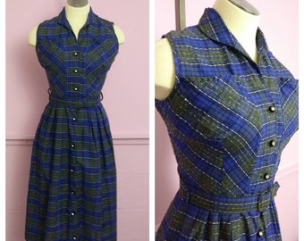 Vintage 1950s Blue and Gray Plaid Sleeveless Shirtwaist Dress/ Rockabilly Pinup Clothing