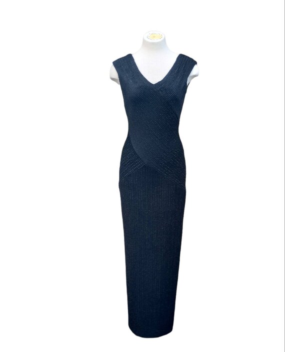 Vintage 1990s Black Stretch V-neck Formal Dress b… - image 4
