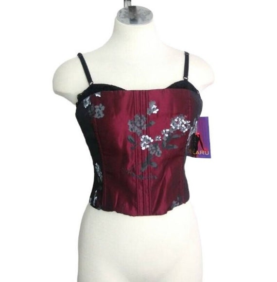 90s Vintage Burgundy Floral Print Bustier Corset