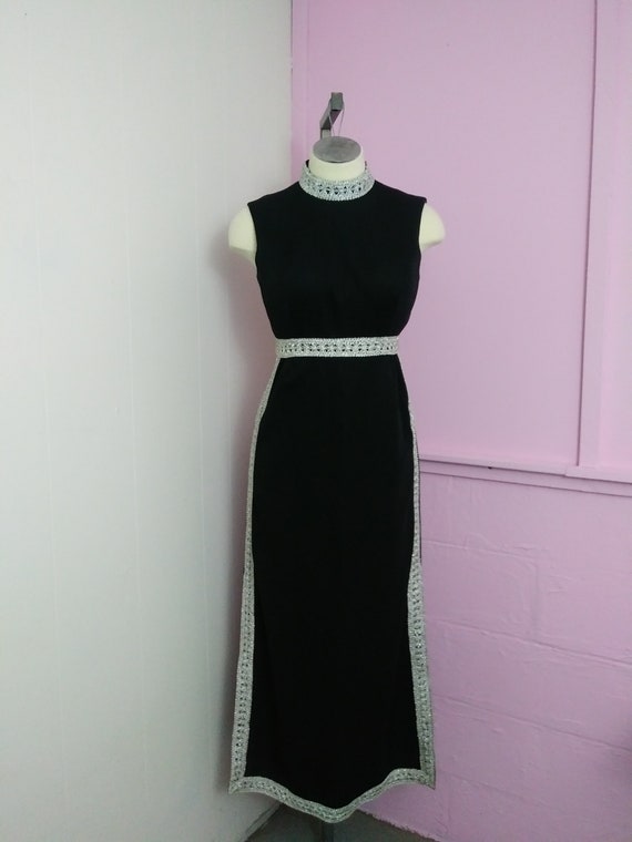Vintage 70s Black Dress | High Slit Dress | Metall
