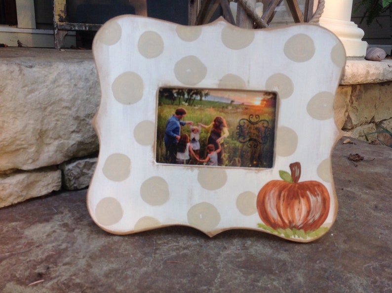 Pumpkin Frame, polka dot pumpkin frame, hand painted pumpkin frame image 1