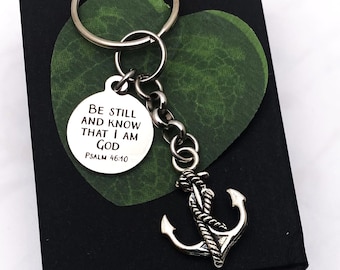 ANCHOR KEYCHAIN with "Be still and know that I am God" Psalm 46:10 - Christian keyring with Bible verse, purse charm, bag charm