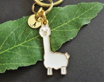 WHITE LLAMA KEYCHAIN personalized with initial charm - adorable little face on the white and gold llama alpaca keyring or zipper pull